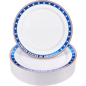 BESTVIP 50Pcs 4th of July Plastic Plates 10 Inch - Heavy Duty American Flag Patriotic Disposable Plates, Red White Blue Dinnerware for Independence Day Veterans Day BBQ party supplies
