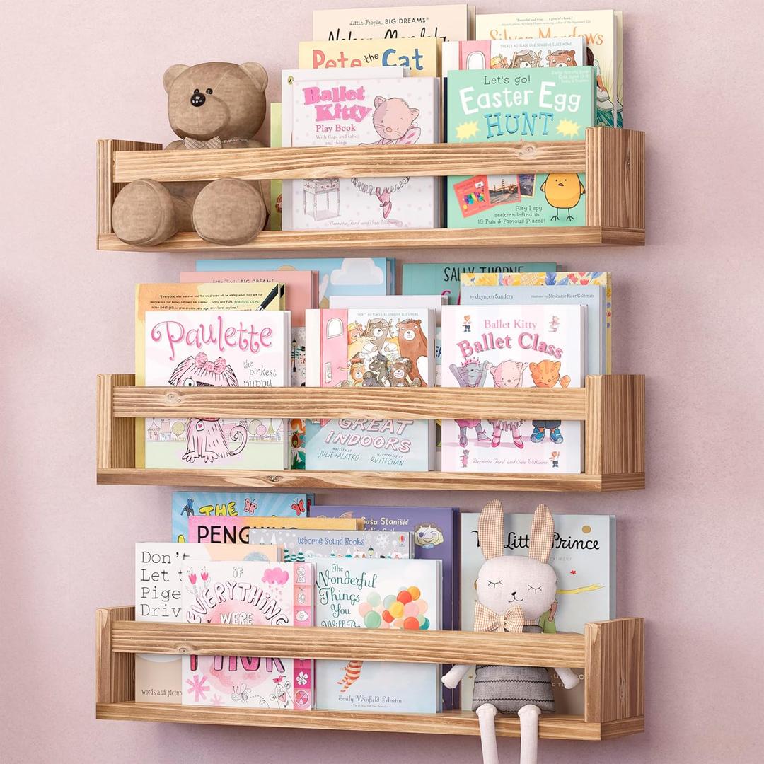 NATURE SUPPLIES Set of 3 Floating Kids Bookshelf, Nursery Book Shelves for Bedrooms Storage, Decorative Wall Shelves for Kids Rooms, Rustic Nursery Dcor, Wooden for Organization, Barnwood Brown (3 Pack-23.1 Inches)
