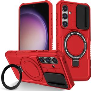 Phone Case for Samsung Galaxy S24 Plus Compatible with MagSafe with Magnetic Ring Stand & Camera Cover, Heavy Duty Rugged Silicone&PC Cover Military Grade Protective (Red)