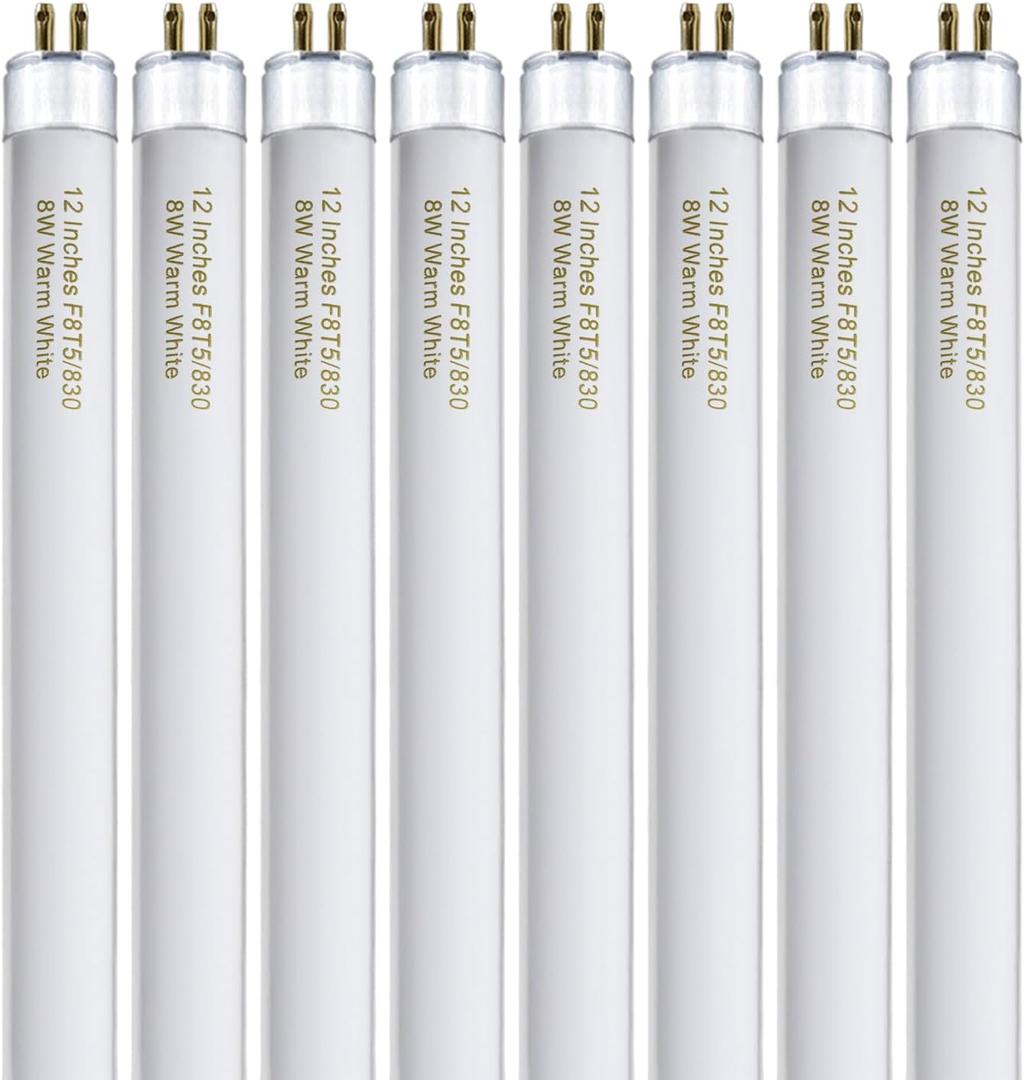 8 Pack F8T5/WW Fluorescent Bulbs Warm White, 12 inch Under Cabinet Light Bulb, T5 8 Watt Fluorescent Tube Soft White, G5 Mini Bi 460 Lumens No Dimmable