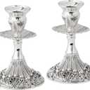 Silver Plated Candlesticks - 2 Pack Set - Pair of 5 Inch Ornate Candle Holders with Round Base and Floral Design