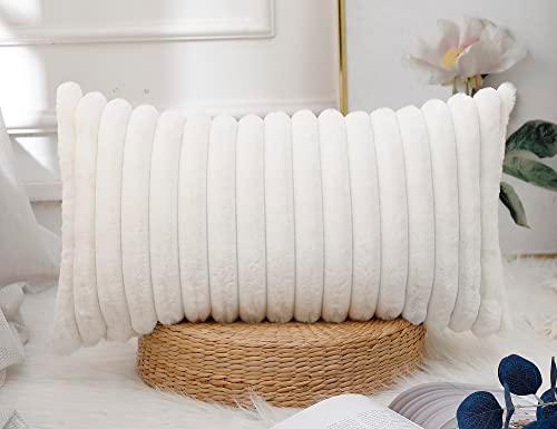 PANOD Faux Fur Decorative Lumbar Throw Pillow Covers 12 x 24,Long Boho Lumbar Pillow Covers Pillow Case Cushion Case for Bed Sofa Farmhouse Livingroom,White