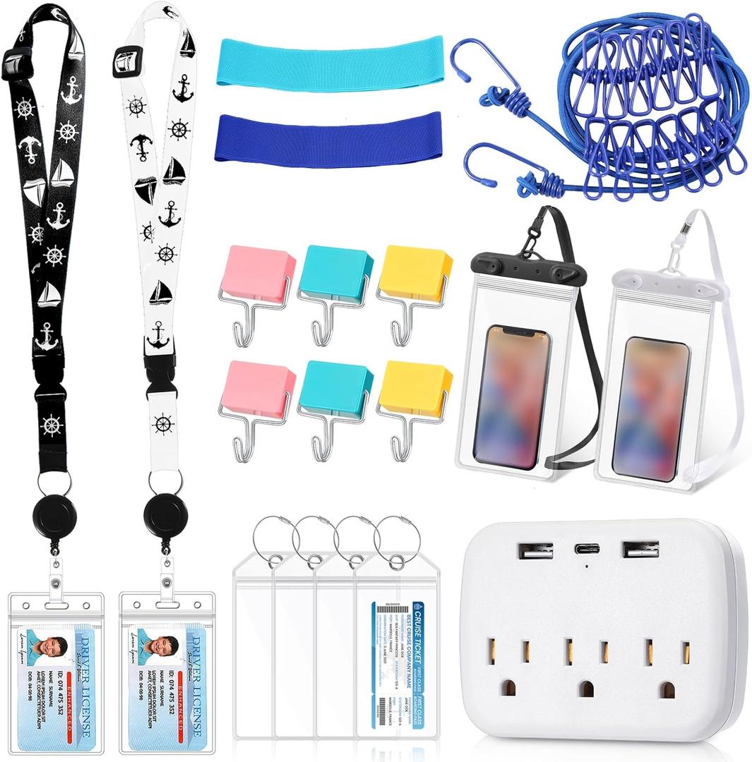Tenceur 18 Pcs Cruise Essentials Power Strip 6 Hook 2 Card Lanyard 4 Luggage Tag 2 Phone Bag 1 Clothesline 2 Towel Band (White, Black)