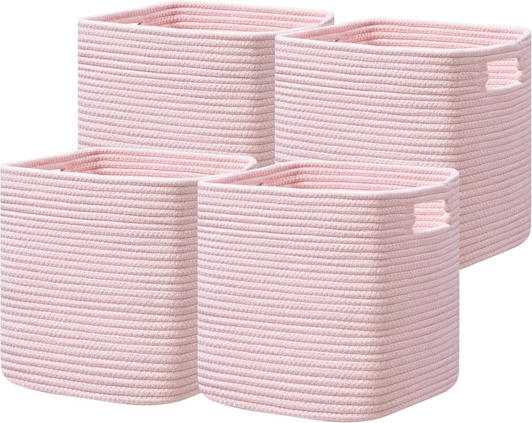 UBBCARE Storage Cubes 11 Inch, Cotton Rope Woven Baskets for Organizing, Cube Storage Bin for Baby Nursery, 4-Pack Square Toy Storage Baskets for Shleves Organizer, Closet, Kidsroom, Pink