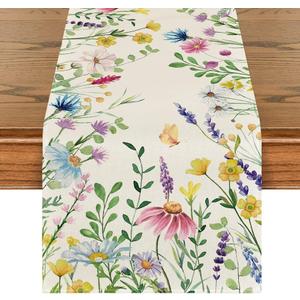 Artoid Mode Daisy Eucalyptus Lavender Floral Leaves Summer Table Runner, Spring Kitchen Dining Table Decoration for Home Party Decor 13x90 Inch (Beige)