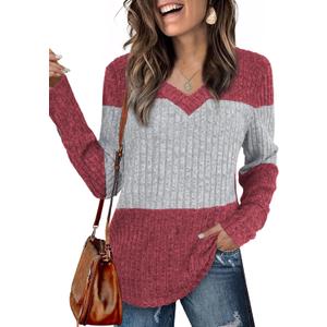 Womens Tops Fall Fashion Sweatshirts for Women V Neck Long Sleeve Sweaters Lightweight Dressy Casual Pullover (XL, Red)