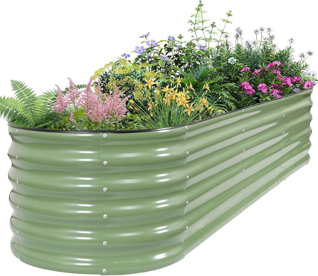 Galvanized Raised Garden Bed - 821.4ft Planter Raised Beds for Gardening | Oval Metal Garden Planter Box with Safety Edging and Gloves for Vegetables Fruits and Flower OliveGreen