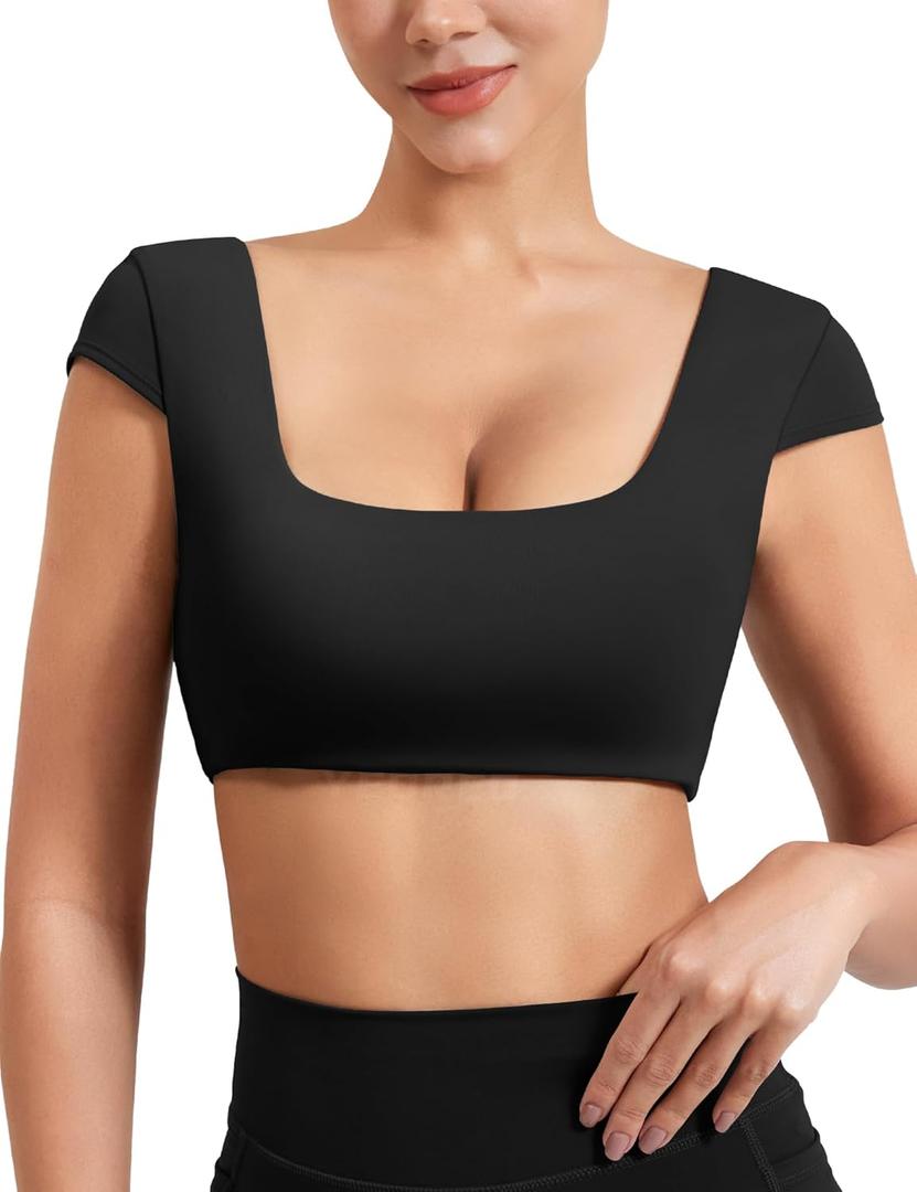 YEOREO Womens Square Neck Tank Tops Backless Summer Built in Bra Workout Crop Cap Sleeve Slice Casual Going Out Shirts (Black, L)