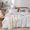 BESTOUCH Duvet Cover Set 100% Washed Cotton Linen Feel Super Soft Comfortable Chic Lightweight 3 PCs Home Bedding Set White & Cornflower Blue Stripes Queen (Queen (90" x 90"))