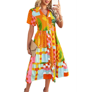 Women's Floral Boho Midi Dress V-Neck Short Sleeve Summer Casual Button-Up Flowy Dresses 2025 Beach Vacation Outfits M