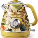 Hazel Quinn X Eduardo Recife Electric Kettle  1200W Fast Water Boiling, 1.7L/57oz, All 304 Stainless Steel Interior, BPAFree, Auto ShutOff, Cordless Retro Teapot with Thermometer  Floral Patterned