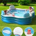 QPAU Inflatable Swimming Pool, Full-Sized Blow Up Pool with Seats and Backrests, Kiddie Pool for Outdoor & Backyard, for Family Summer Time Fun, Clear Blue