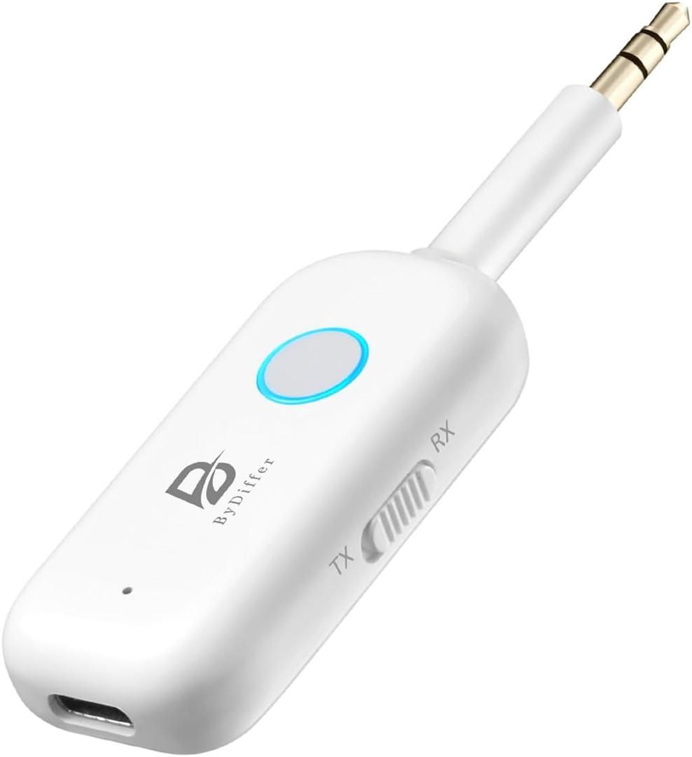 Bluetooth 5.2 Audio Transmitter Receiver for TV, Bluetooth Transmitter for Headphones, 2 BT Devices Connections, 3.5mm Jack Aux Airplane Headphone Adapter for Car/Home Stereo, White