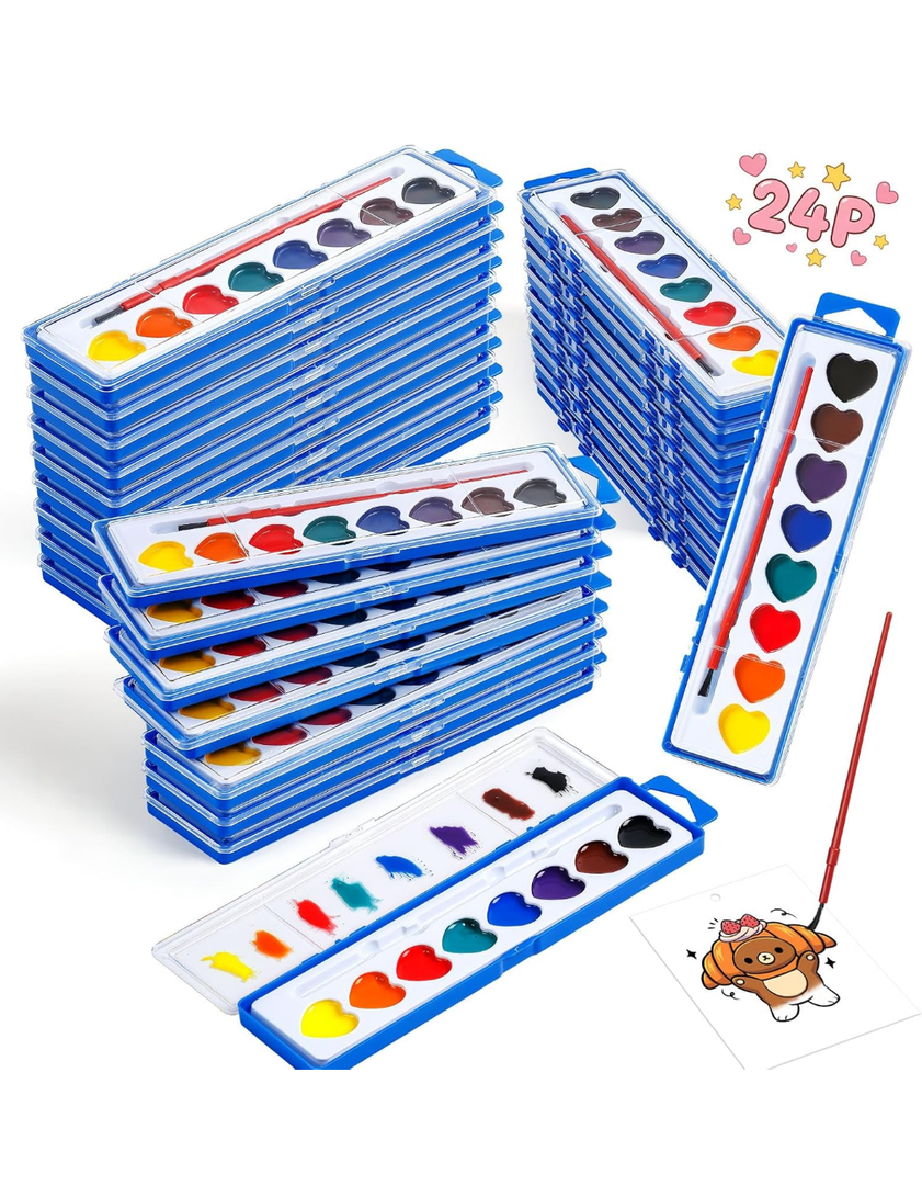 24 Pack Watercolor Paint Set Bulk, 8 Colors Washable Watercolor Paint for Kids with Brushes, Ideal Valentine Party Favors, Art Supplies for School Classroom Hom