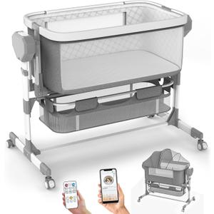 Rocking Bassinet for Baby, Electric Bassinet Automatic 5 Rocking Motion Bassinet Bedside Sleeper for Newborn, Auto Rolling Baby Cradle 6 Height Adjustable with 4 Lullabies, Wheels, Storage