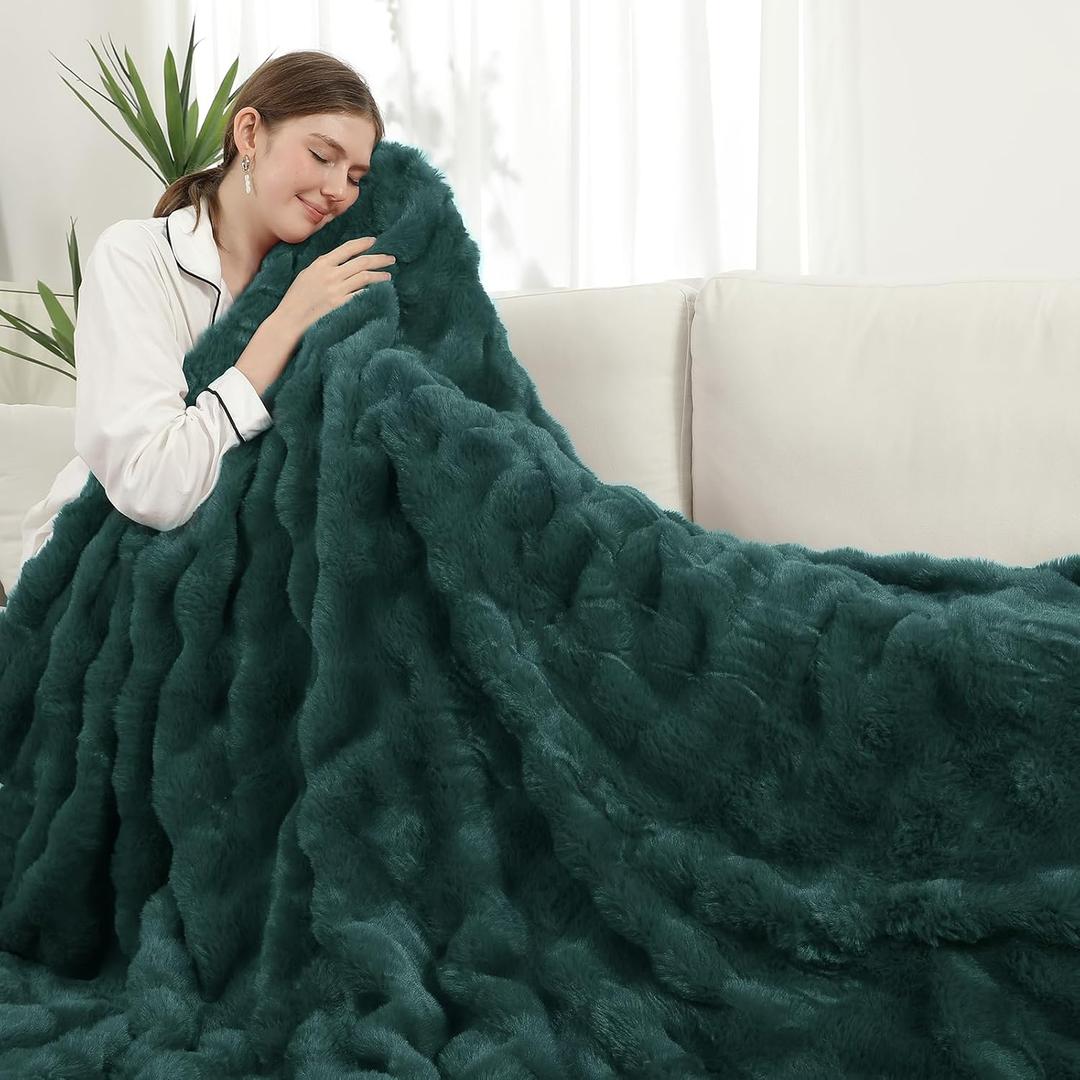 Heated Blanket Full Size,Flannel & Faux Rabbit Fur Bubble Fleece Electric Throw Blanket, 6 Heat Settings, 1-10 Hour Auto-Off, Overheat Protection, ETL Certified,72" x 84",Machine Washable,Deep Green