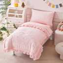 AIKASY Toddler Bedding Set 4 Pieces Super Soft Comforter Set, Shabby Boho Bohemian Design for Boys and GirlsRuffle Fringe Comforter, Flat Sheet, Fitted Sheet and Pillowcase- Coral Pink