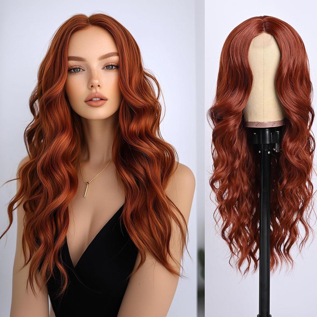 Long Red Wave Wig for Women Middle Part Copper Red Wavy Wigs Natural Looking Synthetic Heat Resistant Fiber Wigs for Party Daliy Use (26 Inch)