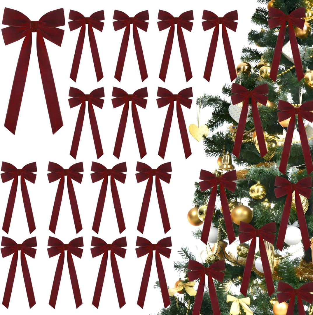JOICEE 15Pcs Velvet Bows Christmas Tree Decorations, 5 x 12 Inch Wreath Bows Rustic Crafts Gift Ribbon Bow for Home Garland Decorations Birthday Party Wedding Holiday Decor(Burgundy)
