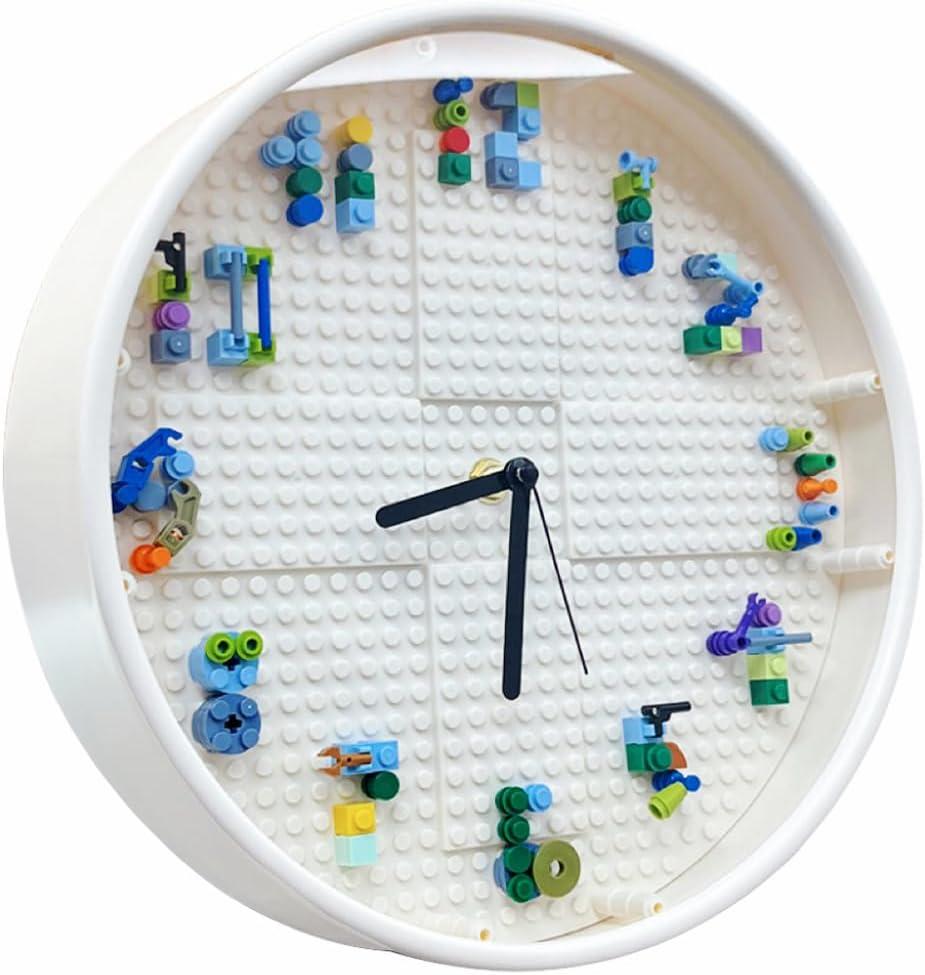 Kids' Wall Clocks, Kids' Room Decorations,DIY Building Block Clock, Wall Decor for Game Rooms and Children's Bedrooms, Creative, Cool & Cute Style, Boys' Birthday Gifts (White Frame)