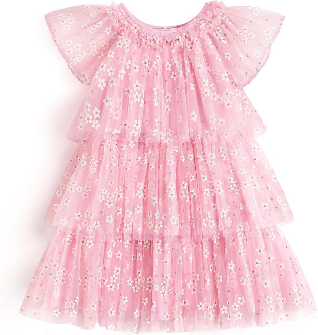 Arshiner Little Girl Dresses Ruffle Sleeves Tiered Tulle Tutu Dress Toddler Girls Summer Fashion Clothes 2-7T (Pink)