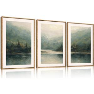 Large Watercolor Green Forest Mountain Framed Canvas Wall Art Set,Abstract Pine Tree Lake Landscape Wall Decor,Modern Nature Scenery Artwork for Living Room,Bedroom,Office-24 x36 x3