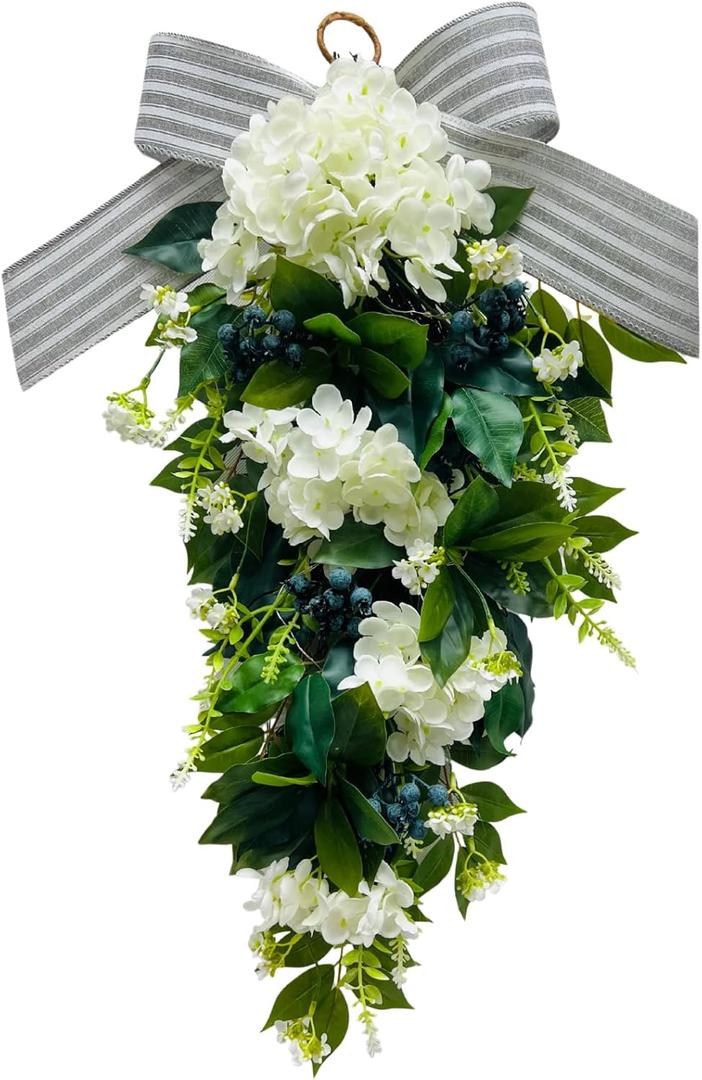 Floral Teardrop Swags All Season Lighted Teardrop Wreath with Timer(Steady and Flashing Modes) Artificial Blueberry White Hydrangea Eucalyptus Leaves and Bow Floral Arrangement for Door Wall Mantel