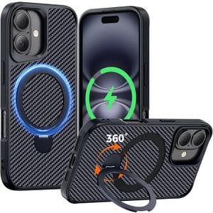 Designed for iPhone 16 Case with 360° Magnetic Stand, Carbon Fiber Phone Case [Compatible with Magsafe] [15FT Military Protection] with Stand Ring 6.1'', Black