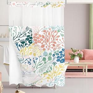 Tititex No Hooks Snap in Liner Colorful Coral Shower Curtain Sets, Hotel Luxury Double Layers Waterproof Fabric & See-Through Top Window Bathroom Decorative 60x72 Inch