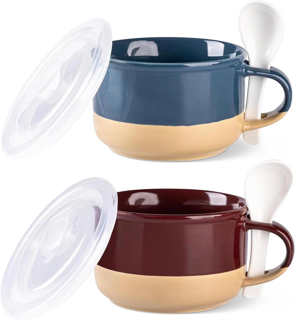 GBhome Ceramic Soup Mugs with Handles and Lids,24 OZ Soup Cups Set of 2 with Terracotta Underside,Mug Bowls with Spoon for Soup/Cereal/Salad/Noodles/Ramen/Microware &Dishwasher Safe-Blue&Red