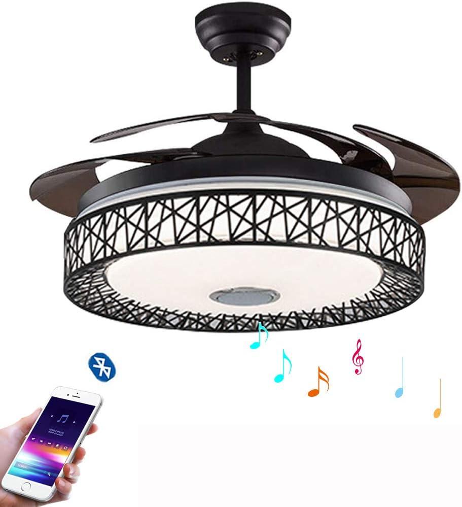 42 Inch Invisible Ceiling Fan with Light and Remote Control, Creative Bluetooth Retractable Blades Chandelier Fans with 3 Lights Change and 3 Speeds for Bedroom Dining Room