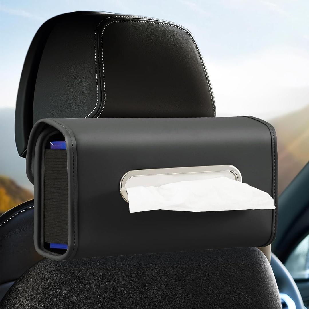 Car Tissue Holder, WHHMK Tissue Box Cover Keep Car Tidy, Premium PU Leather Backseat Napkin Rectangle Organizer, Extra Large Tissue Box Storage in Auto Fits for 100-150 Regular Size Tissues, Black