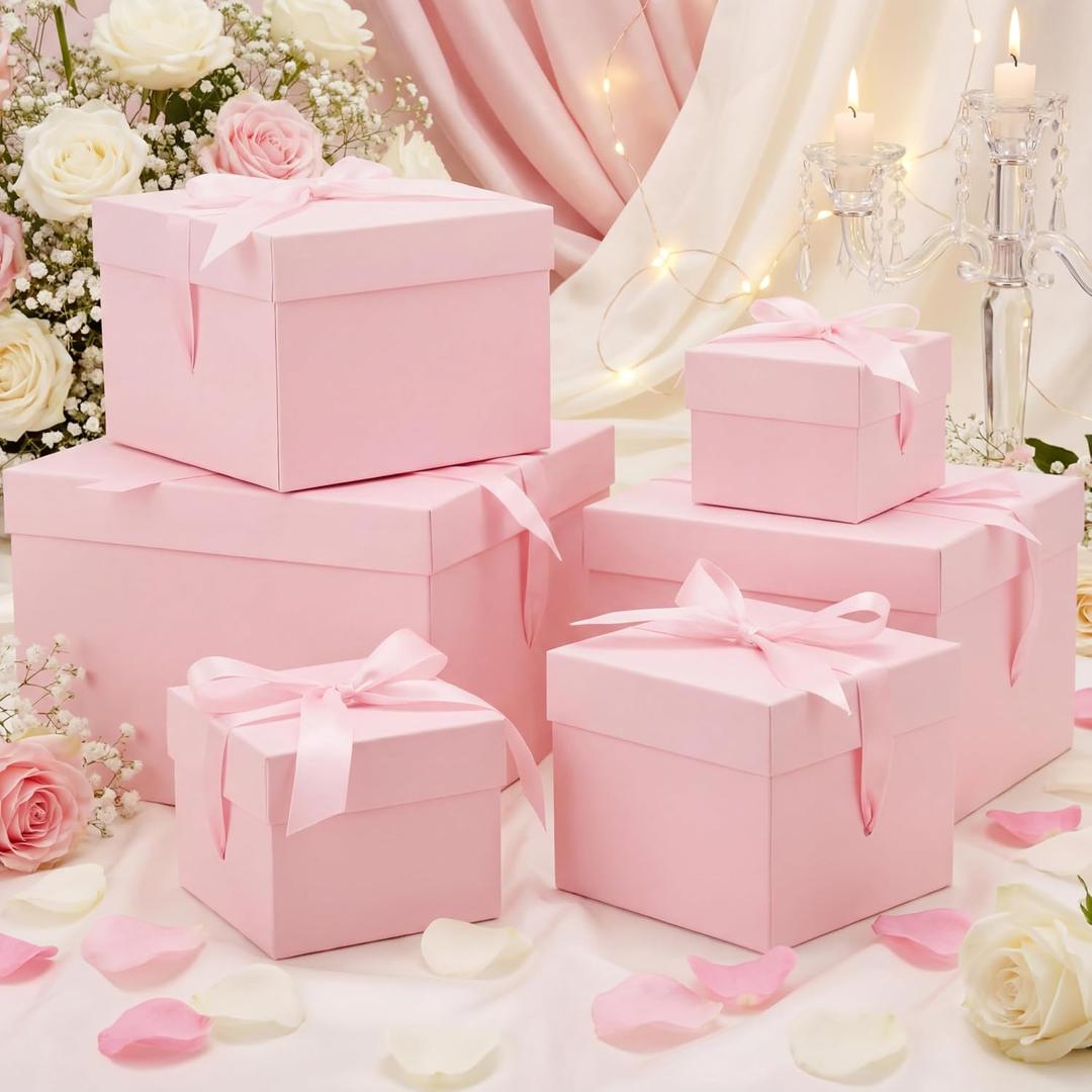 Cholemy 6 Pcs Nesting Gift Boxes with Lid Square Nesting Gift Boxes for Presents Packaging with Ribbon Easter Anniversaries Bridal Shower Birthday Wedding Party Favor(Pink), 3 count