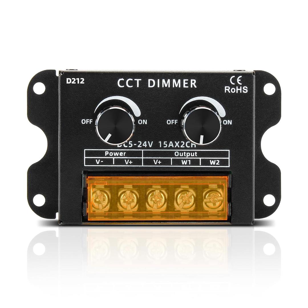 RGBZONE Dual Channel CCT LED Dimmer, DC 5V/12V/24V 30A PWM Dimming Controller, Warm White & Cool White Knob Brightness Adjustment for 5050 3528 LED Strips