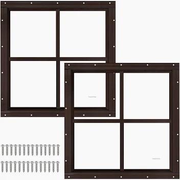 2 Pack 16" x 16" Brown Shed Window with Tempered Glass Household Windows with Screws for Shed, Chicken Coop, Playhouse, Garage and Barns(No Screen)