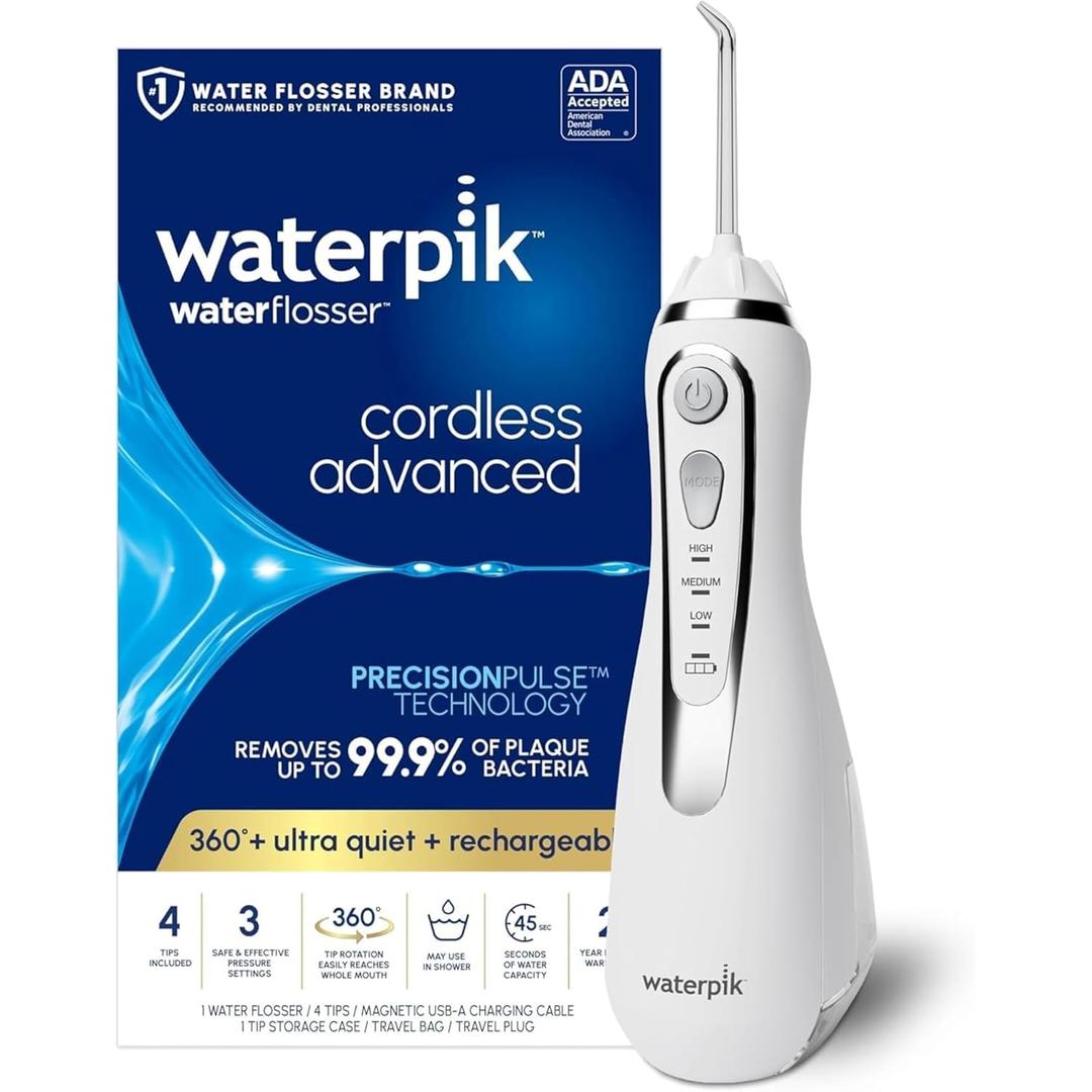 Waterpik Cordless Advanced 2.0 Water Flosser For Teeth, Gums, Braces, Dental Care With Travel Bag and 4 Tips, ADA Accepted, Rechargeable, Portable, and Waterproof, White WP-580, Packaging May Vary