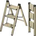 3 Step Ladder, Foldable Step Stool, Aluminum Lightweight Ladder for Home Kitchen Closet, Anti-Slip Pedals, Ease of Folding, Portable, 300lbs Capacity - Gold