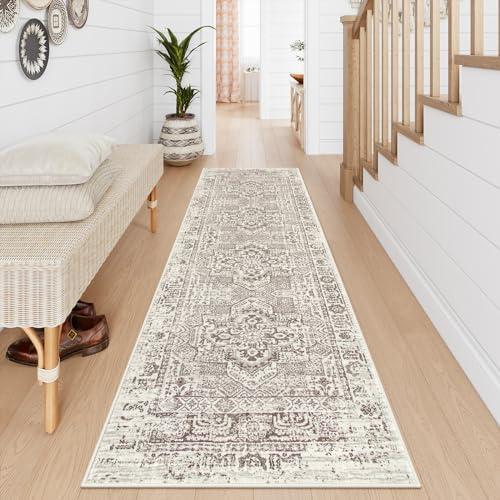 Lahome Boho Washable Runner Rug Non Slip, 2.5x10 Soft Hallway Runner Rug for Entryway Indoor with Rubber Backing, Beige 10ft Long Carpet Runner for Bedroom Bedside Bathroom Kitchen RV