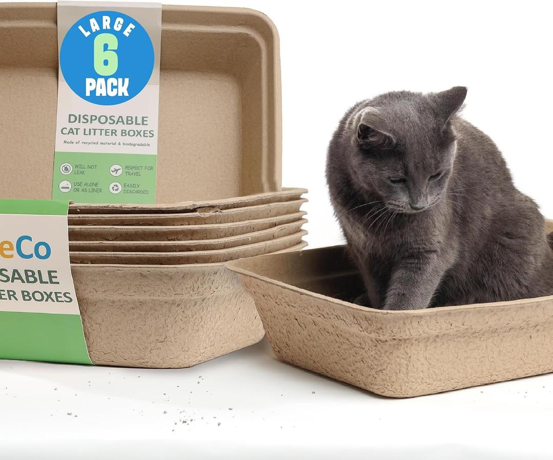 CallieCo Disposable Cat Litter Boxes - Portable Biodegradable Travel Litter Box for Cats, Sturdy and Durable Kitty Poo Box, Leak-Resistant Cat Tray Liners, Easy-Grip Rim, Large - 6 Pack