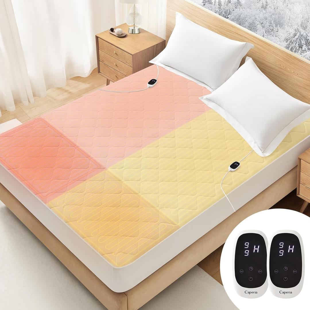 Caperia Heated Mattress Pad Quilted Multizone Electric Mattress pad Individual Body and Feet Bed Warmer 9 Heat Settings 1-12 Hours Auto Off Deep Pocket Fast Heating Machine Washable Queen 60''x80''