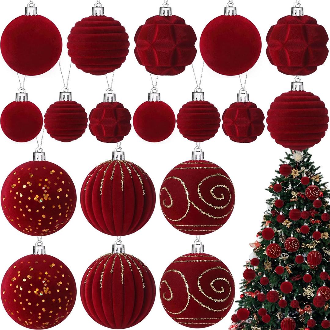 Suzile 18 Pcs Velvet Christmas Tree Ornaments Flocked Christmas Ball Decorations Xmas Balls Hanging Ornaments for Xmas Tree Wreath Garland Holiday Fireplace Decoration (Burgundy) (Red)