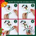 NEWEST 12 Pieces Christmas Beadable Pens Kit Cute Snowman Bead Pens with 48 Beads & 3 Ribbons DIY Pen Making Kit Black Ink Beaded Ballpoint Pens Bulk for Christmas Gifts School Office Supplies