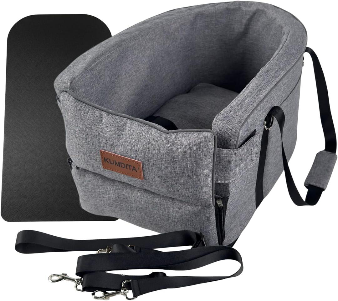 Kumdita' Center Console Car Seat & Carrier for Small Dogs & Cats with Dual Over-Seat Straps, Sewn-in Safety Leash & PE Board Base (Grey)