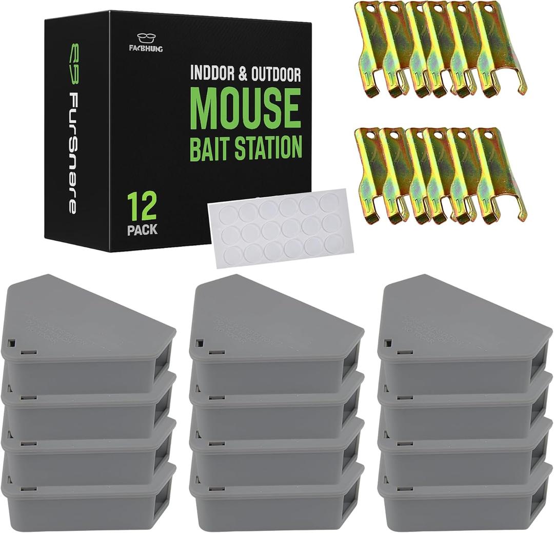 Fursnare 12-Pack Mouse Bait Stations for Outdoor & Indoor Use with Lockable Keys, Weatherproof, Safe for Kids & Pets (Gray)