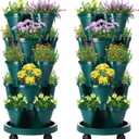 Umigy 2 Set 5 Tier Stackable Planters Vertical Garden Planters for Strawberry Herb Flower and Vegetable Indoor Outdoor Gardening Pots with Removable Wheels and Bottom(Dark Green)