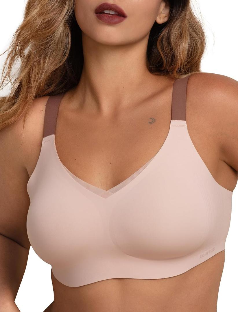 COMFELIE Women No Underwire Bra Comfy Seamless Bras Full Coverage Mesh Bralette with Adjustable Contrast Color Strap, Large