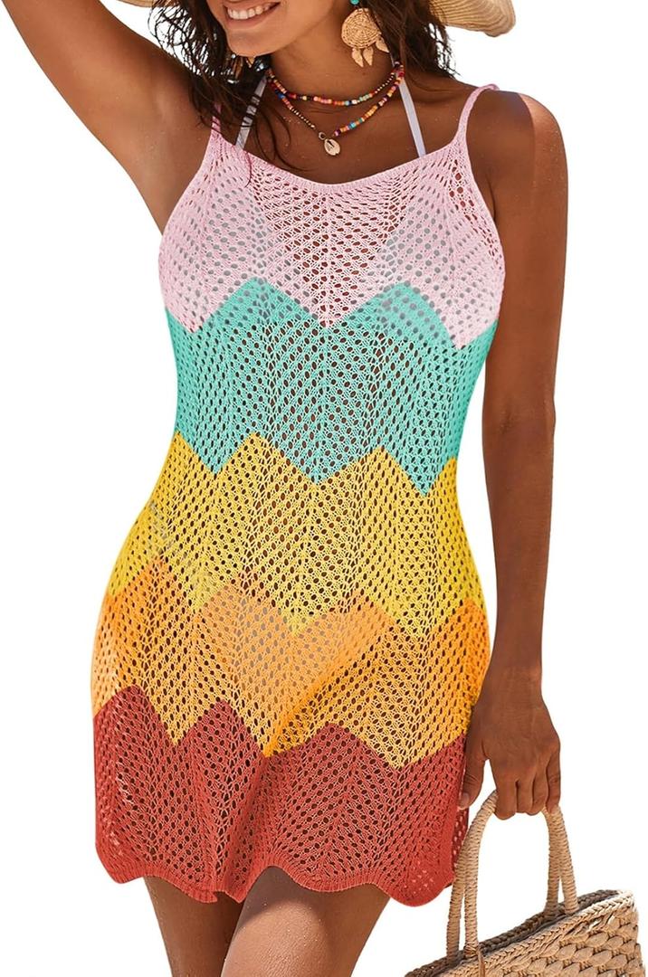 Pink Queen Womens 2026 Summer Crochet Swimsuit Cover Up Beach Bathing Suit Coverup Sheer Mesh Knit Tank Dress