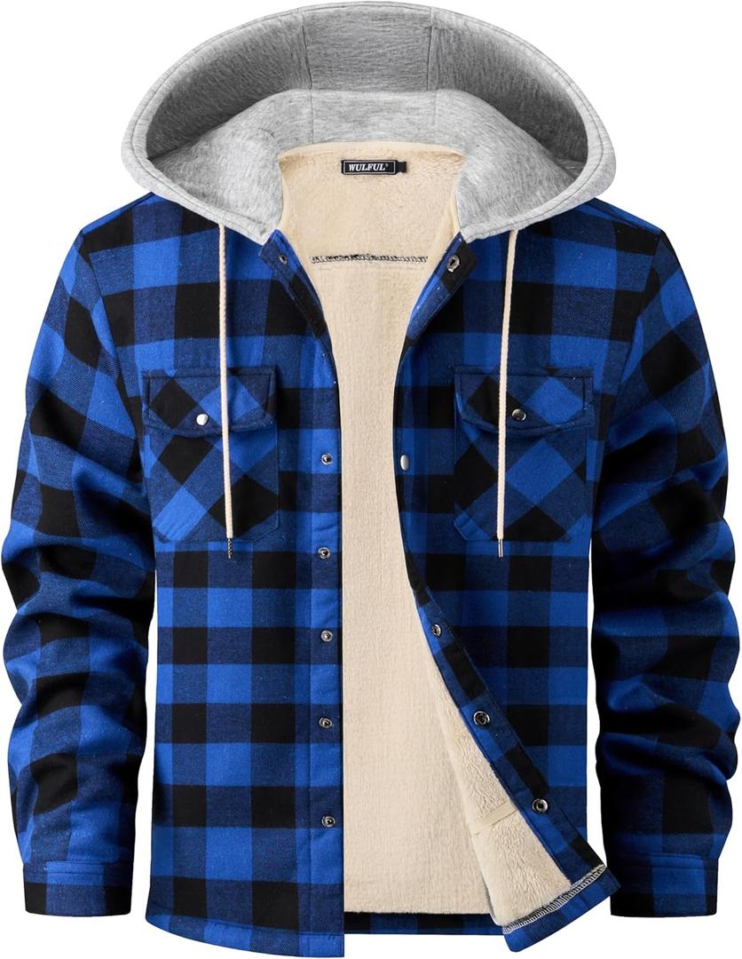 WULFUL Men's Flannel Plaid Shirts Jacket Fleece Lined Winter Shirts Soft Warm Coat with Hood for Men (Blue804), M