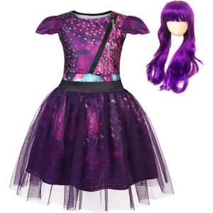 MetCuento Girls Princess Dress Kids Birthday Party Supplies Outfits Popular Musical Halloween Cosplay Dress with Purple Wig size 78
