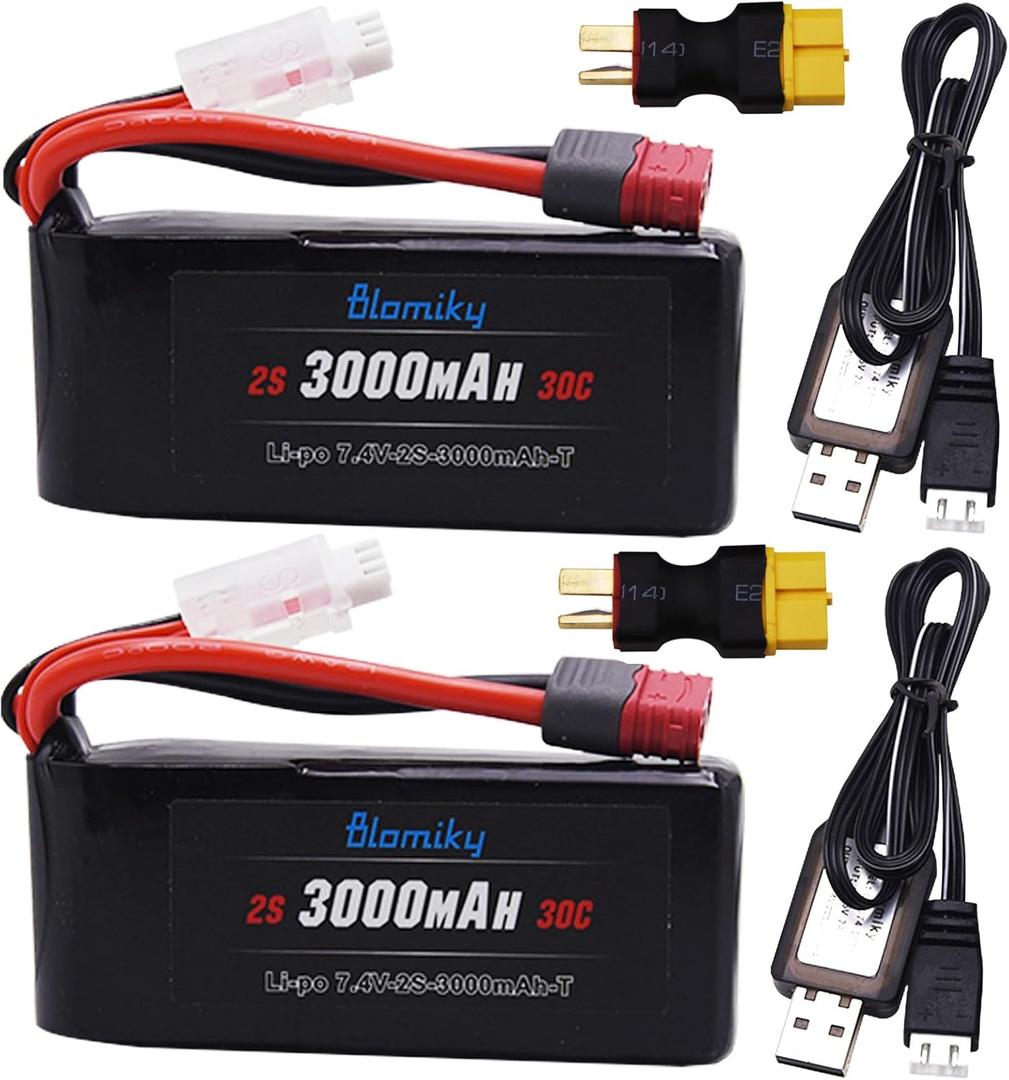 Blomiky 2 Pack 7.4V 2S 3000mAh Shorty T Plug Lipo Battery Pack with XT60 Converter and 2 Charger Cables Suitable for Wltoys 124019 144001 and Hyper Go H14BM 14211 14210 RC Trucks / 7.4V 3000mAh T